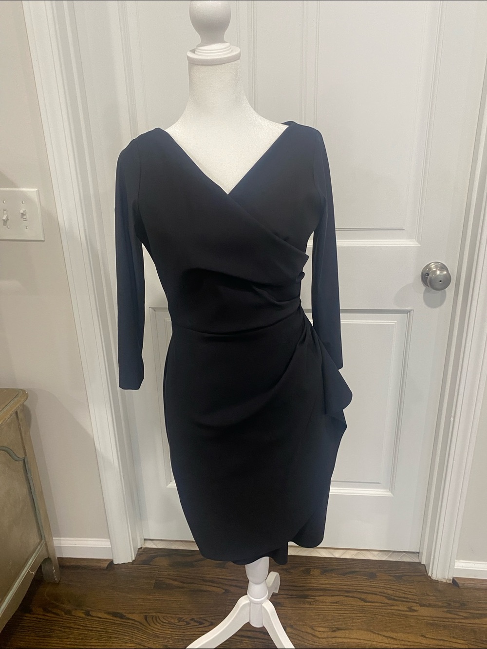 Alex Evenings Black Wrap Sheath Dress with Side Drape Size 4